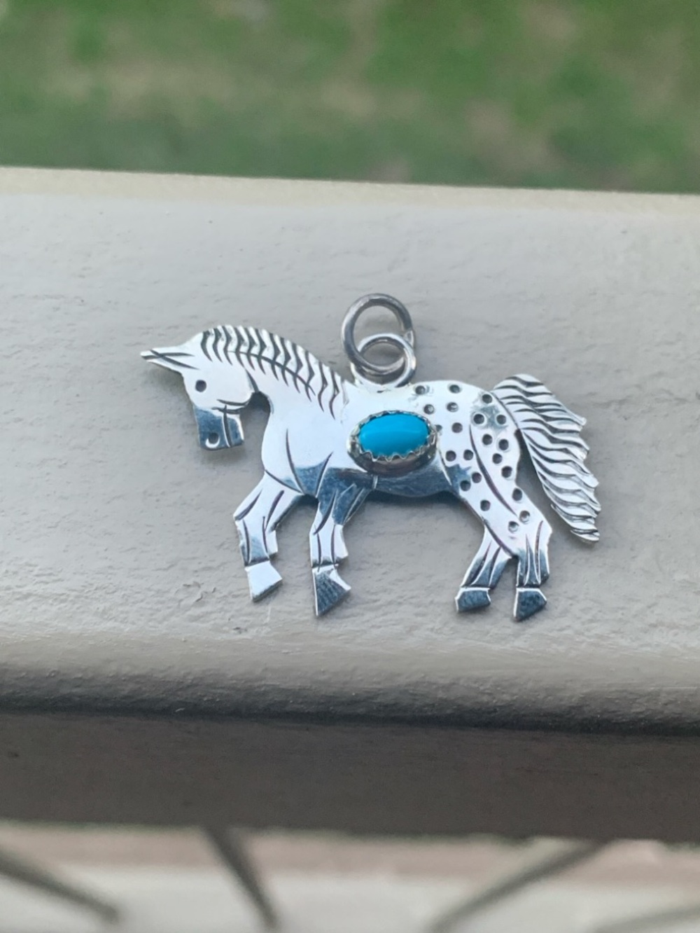 Navajo Sterling Year of the Horse Turquoise Pendant Signed LY
